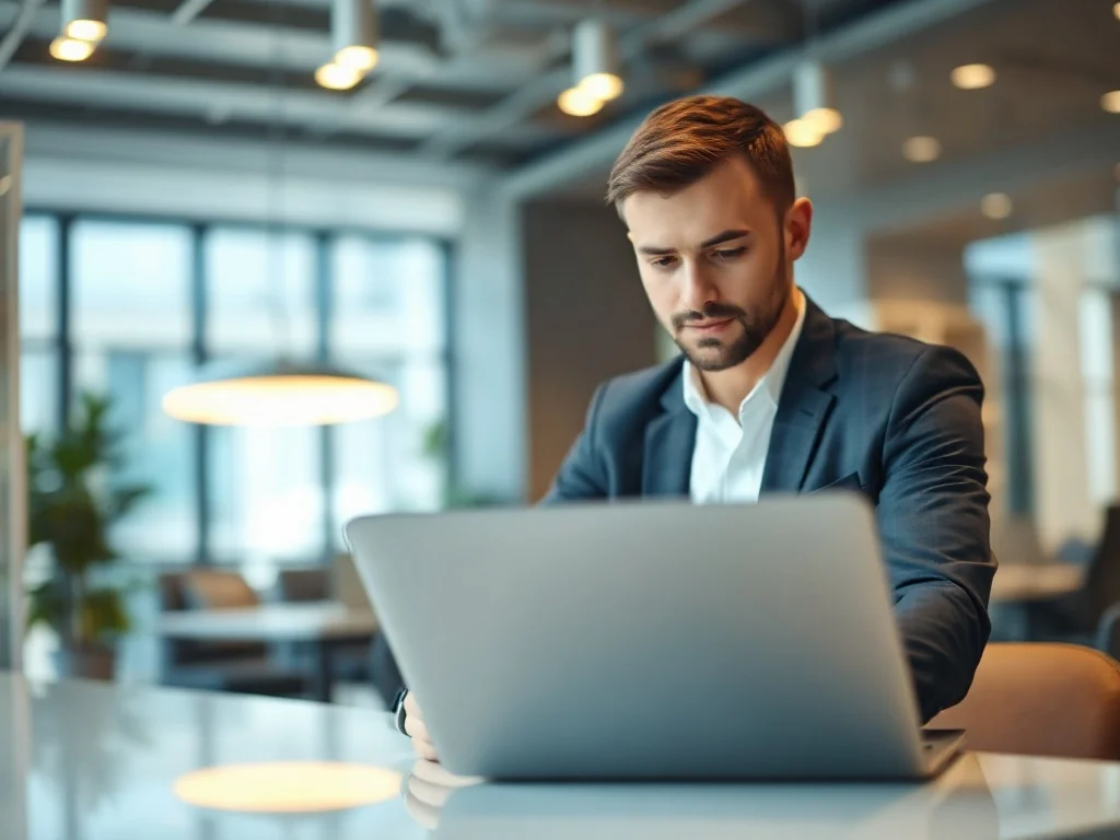 Pracownik biurowy przy laptopie w nowoczesnym wnętrzu firmy technologicznej o profesjonalnym charakterze.